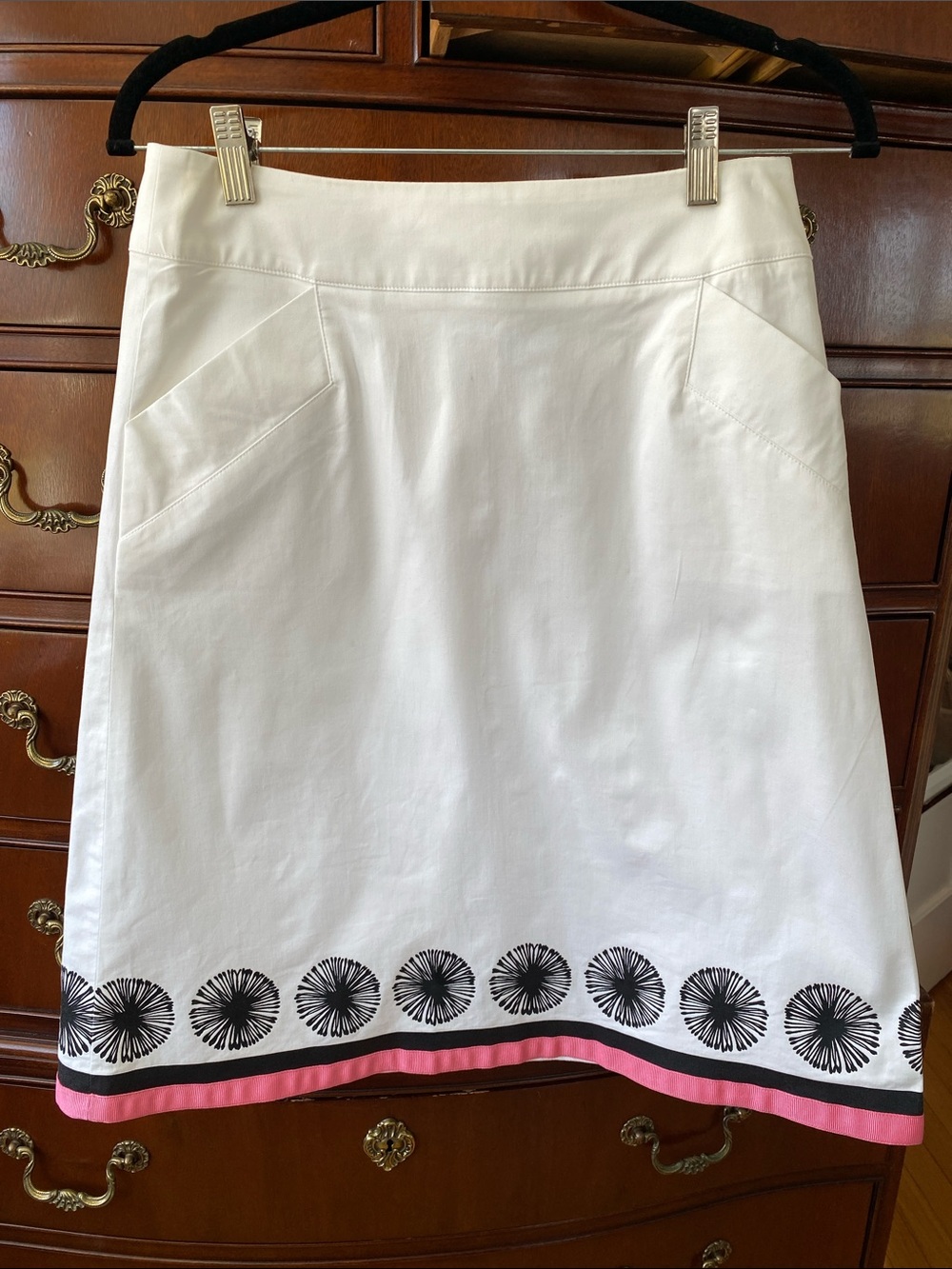 Classic Talbots White A-Line Skirt with Black Floral,pink ribbon hem trim.